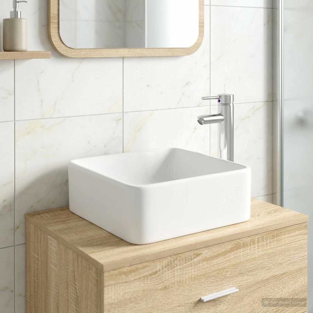 Waschbecken mit Wasserhahn und Abfluss Chrom
