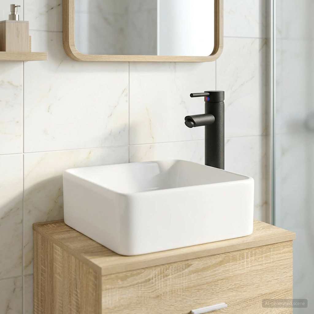 Waschbecken mit Wasserhahn und Abfluss Matt Schwarz