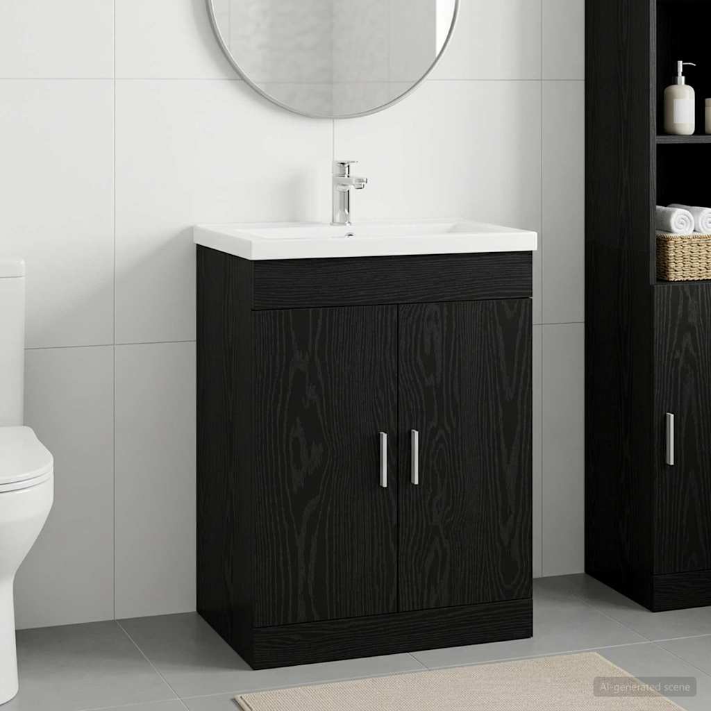 Badunterschrank Schwarz Eichen-Optik 56 x 37,5 x 81 cm