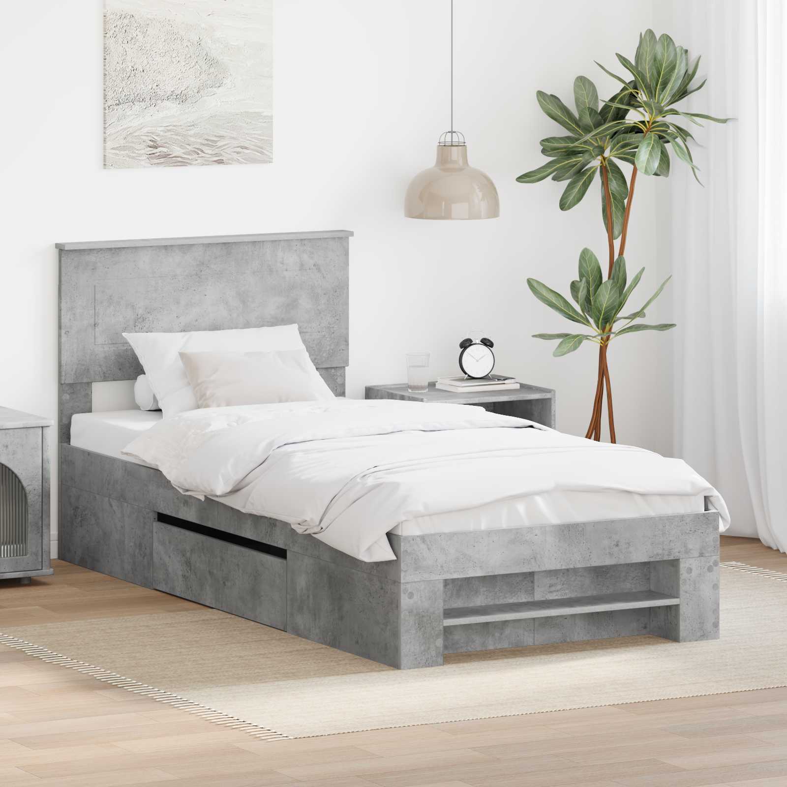 Bettrahmen mit Kopfteil Betongrau 100 x 200 m Holzwerkstoff