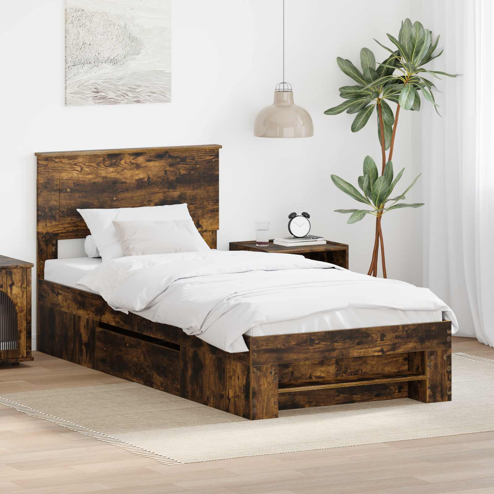 Bettrahmen mit Kopfteil Räuchereiche 90 x 200 cm Holzwerkstoff