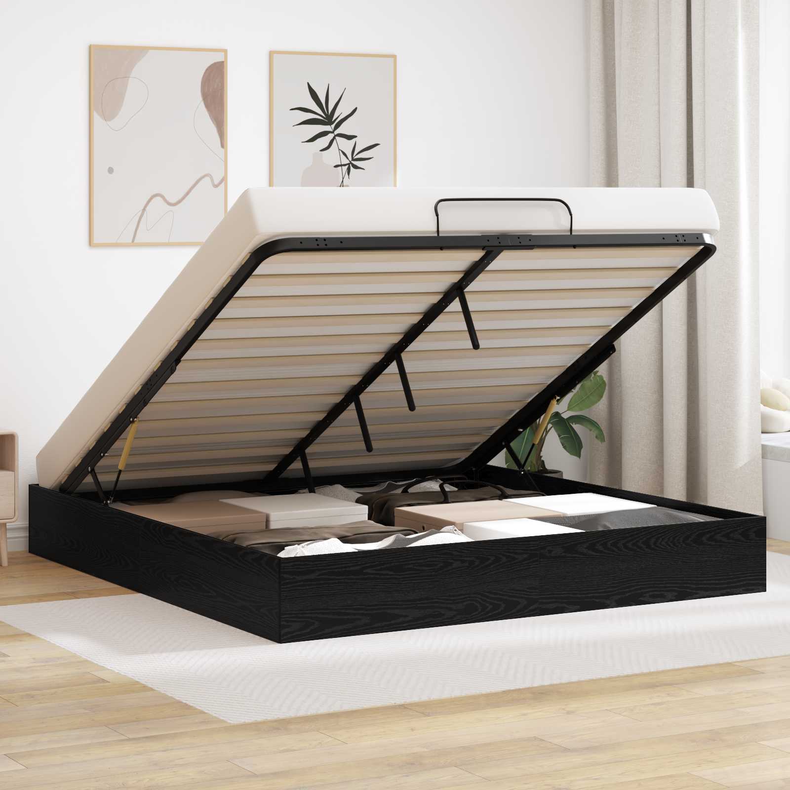 Ottoman Bettgestell Schwarz Eichen-Optik 203 x 180 x 25 cm