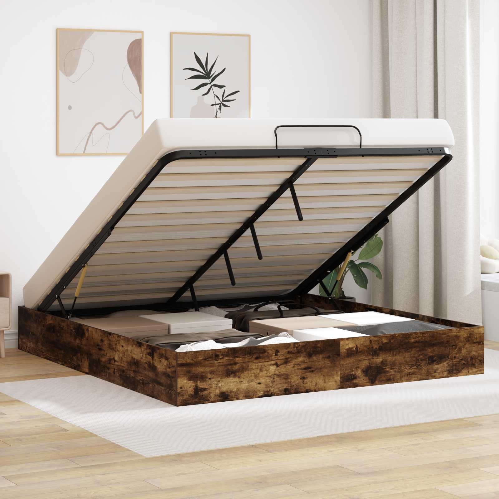 Ottoman Bettgestell mit Speicher Räuchereiche 203 x 160 x 25 cm