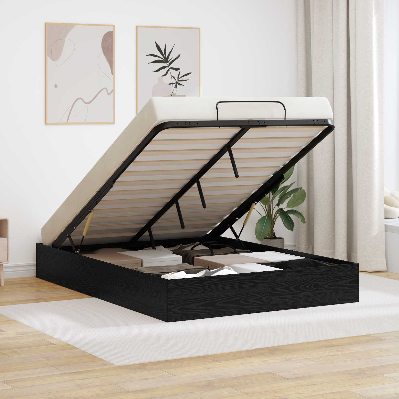 Ottoman Bettgestell Schwarz Eichen-Optik 203 x 120 x 25 cm