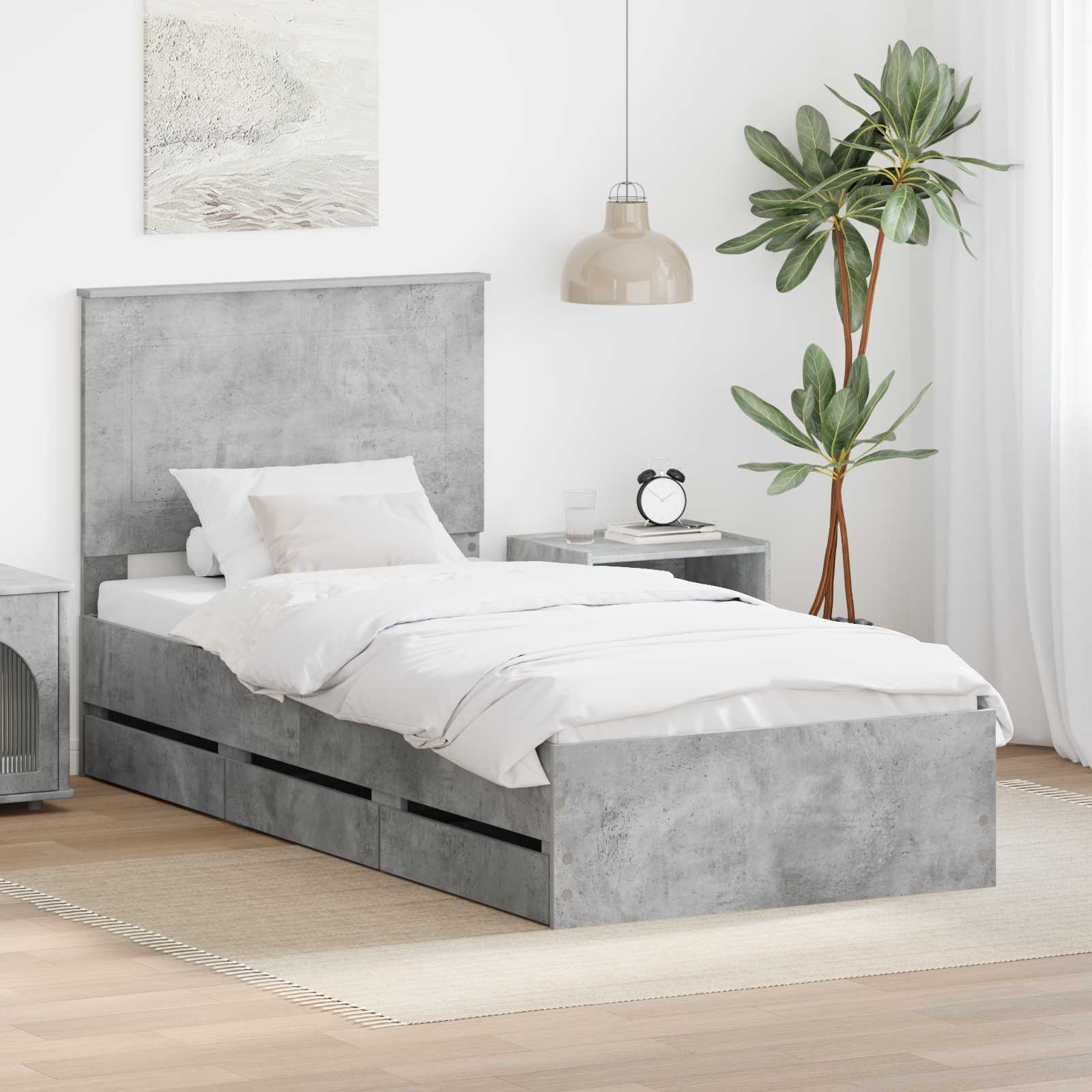 Bettrahmen mit Kopfteil Beton Grau 90 x 190 cm Ingenieurs Holz