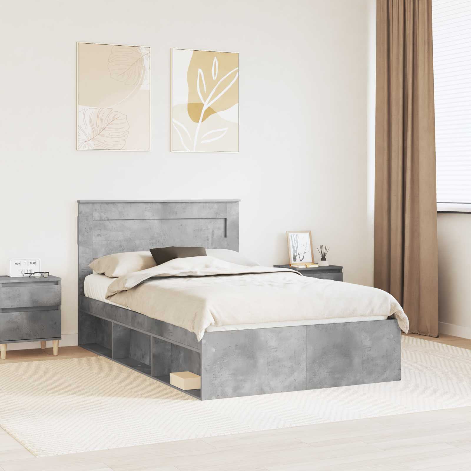 Bettrahmen Beton Grau 135 x 190 cm Massives Kiefernholz