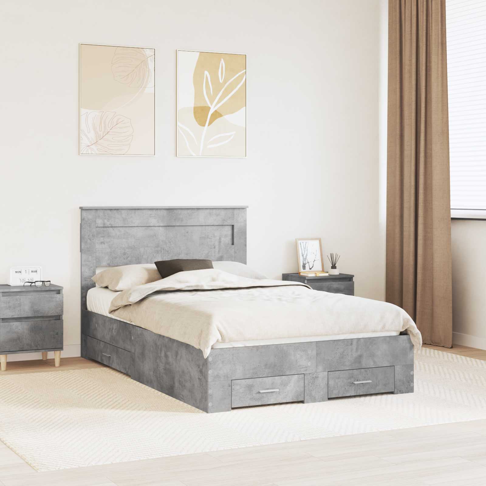 Bettrahmen mit Schubladen Beton Grau 135 x 190 cm Holzwerkstoff