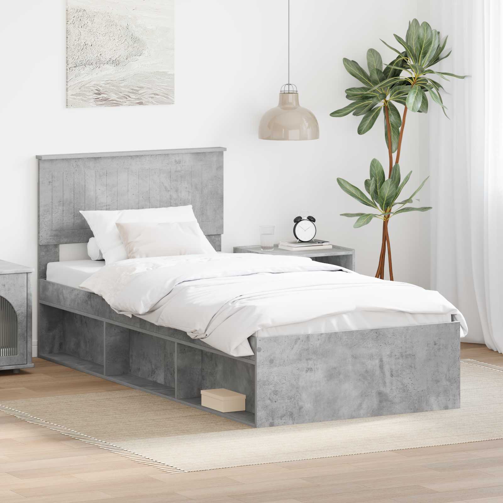 Bettrahmen mit Kopfteil Beton 90 x 200 cm Massives Kiefernholz