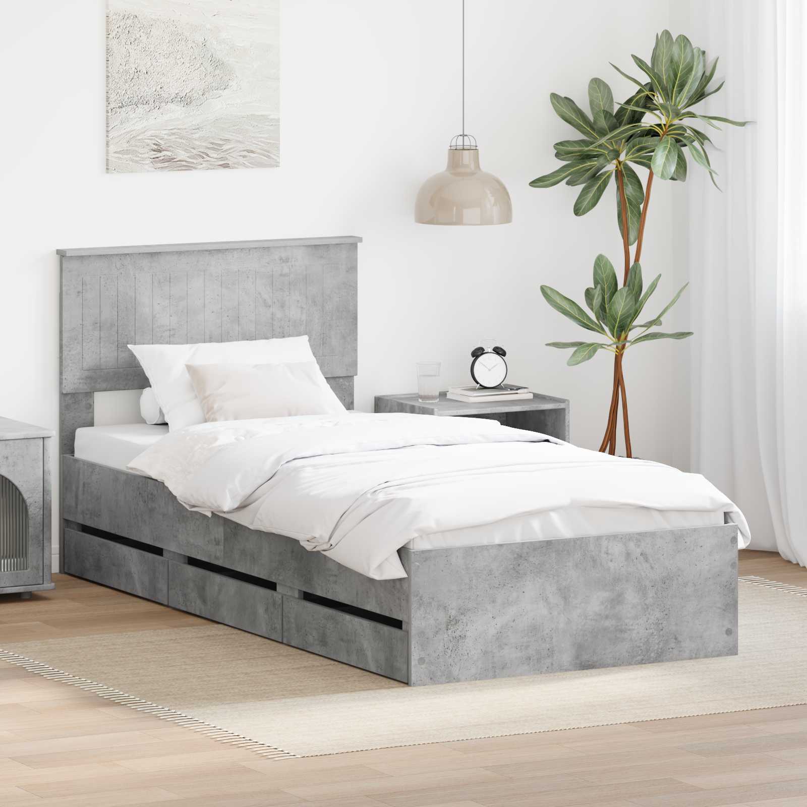 Bettrahmen mit Kopfteil Beton Grau 90 x 190 cm Ingenieurs Holz