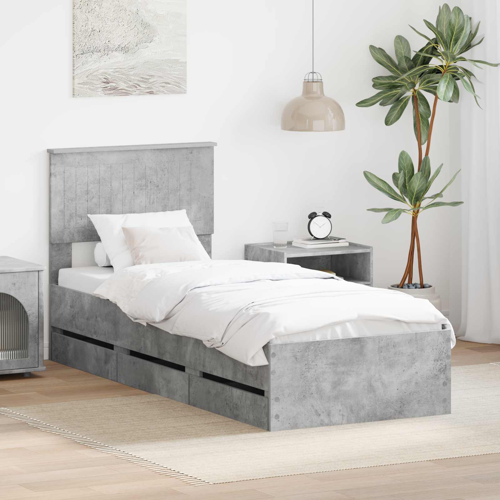 Bettrahmen mit Kopfteil Beton Grau 75 x 190 cm Ingenieurs Holz