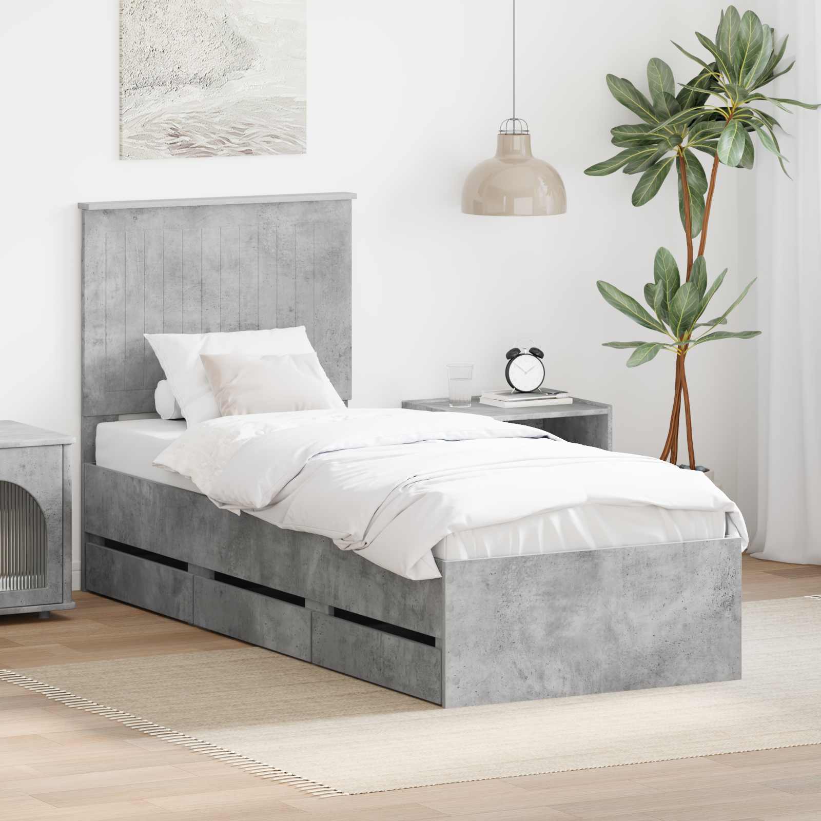Bettrahmen mit Kopfteil Beton Grau 75 x 190 cm Ingenieurs Holz