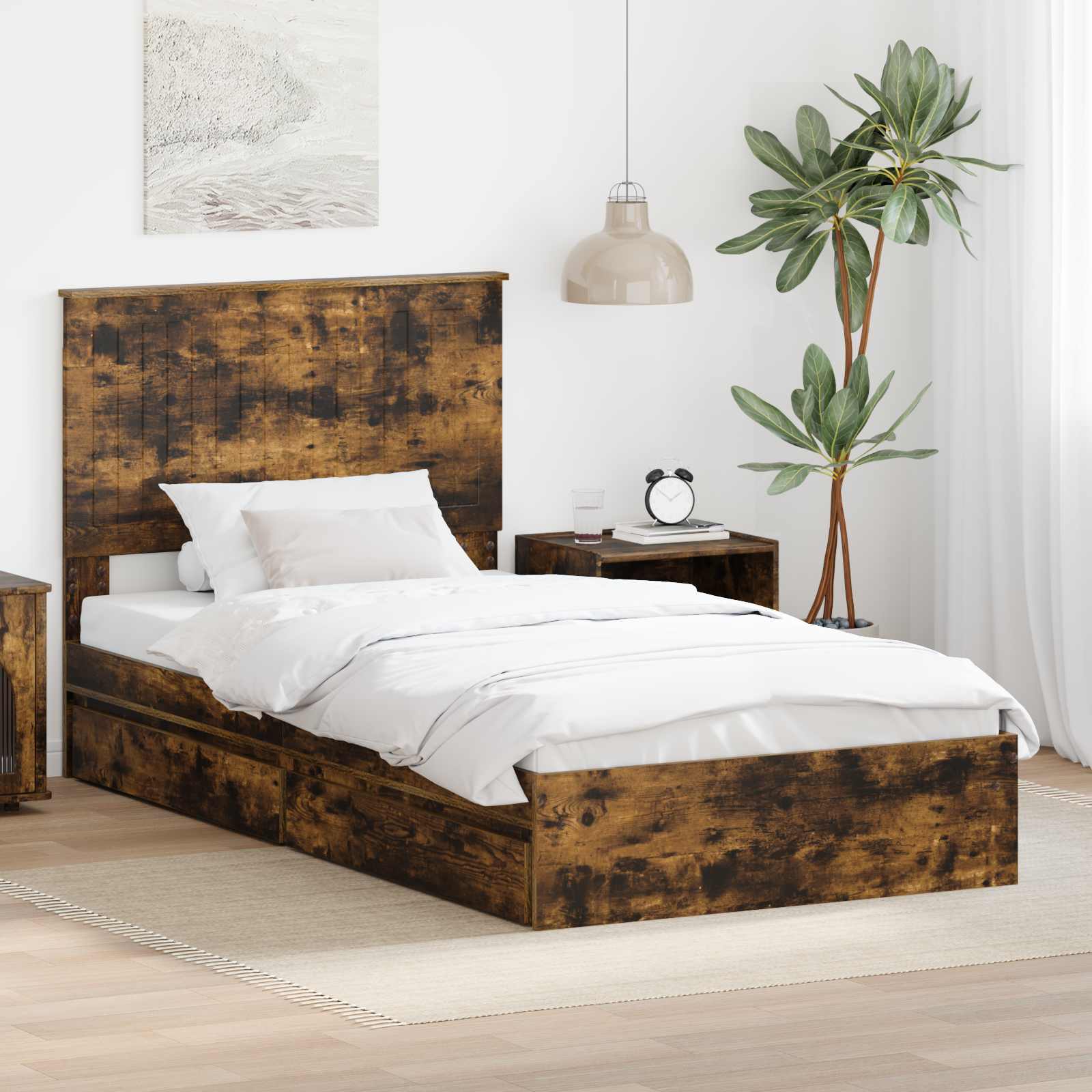 Aufbewahrungsbett Räuchereiche 100 x 200 cm Holzwerkstoff