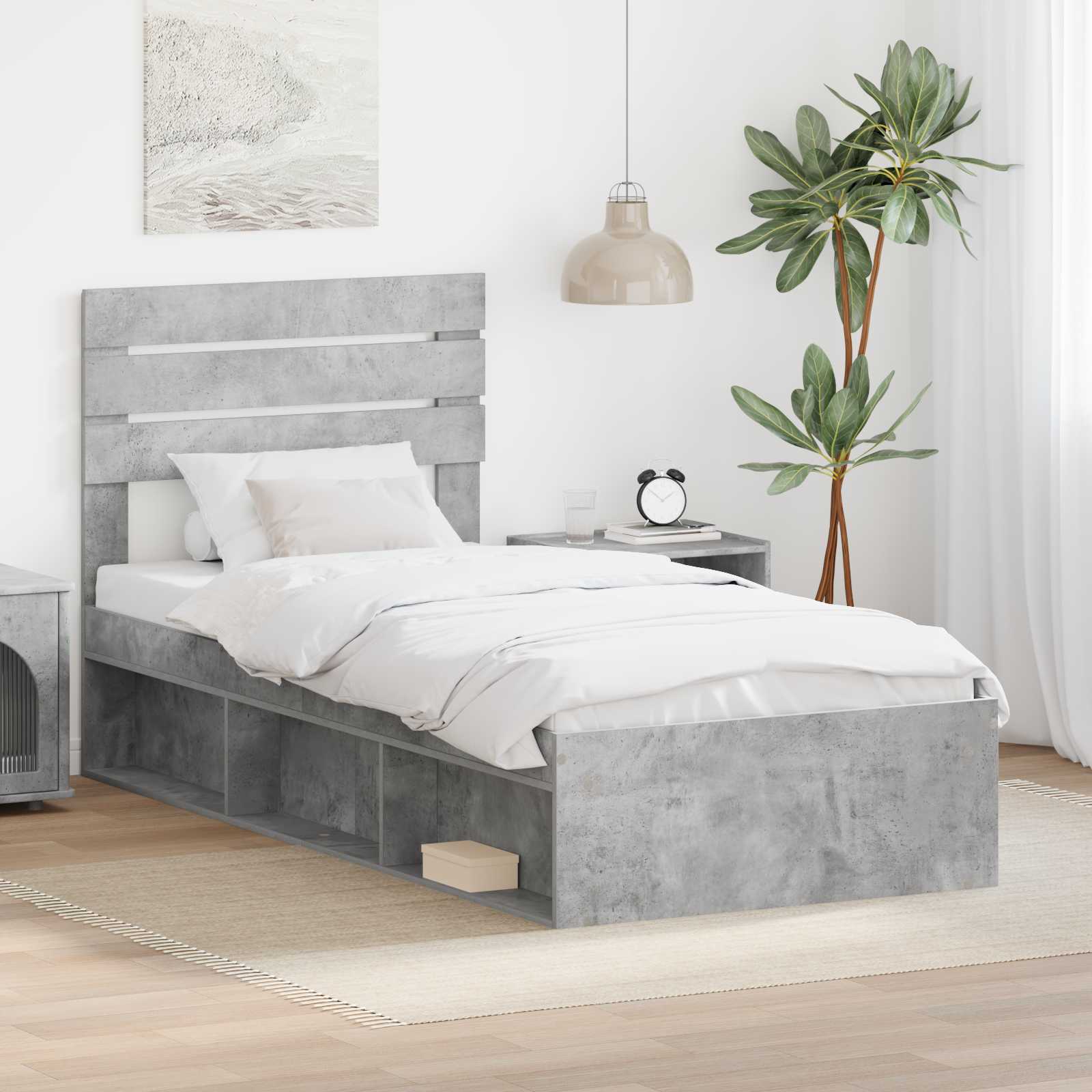 Bettrahmen Beton Grau 90 x 190 cm Massives Kiefernholz