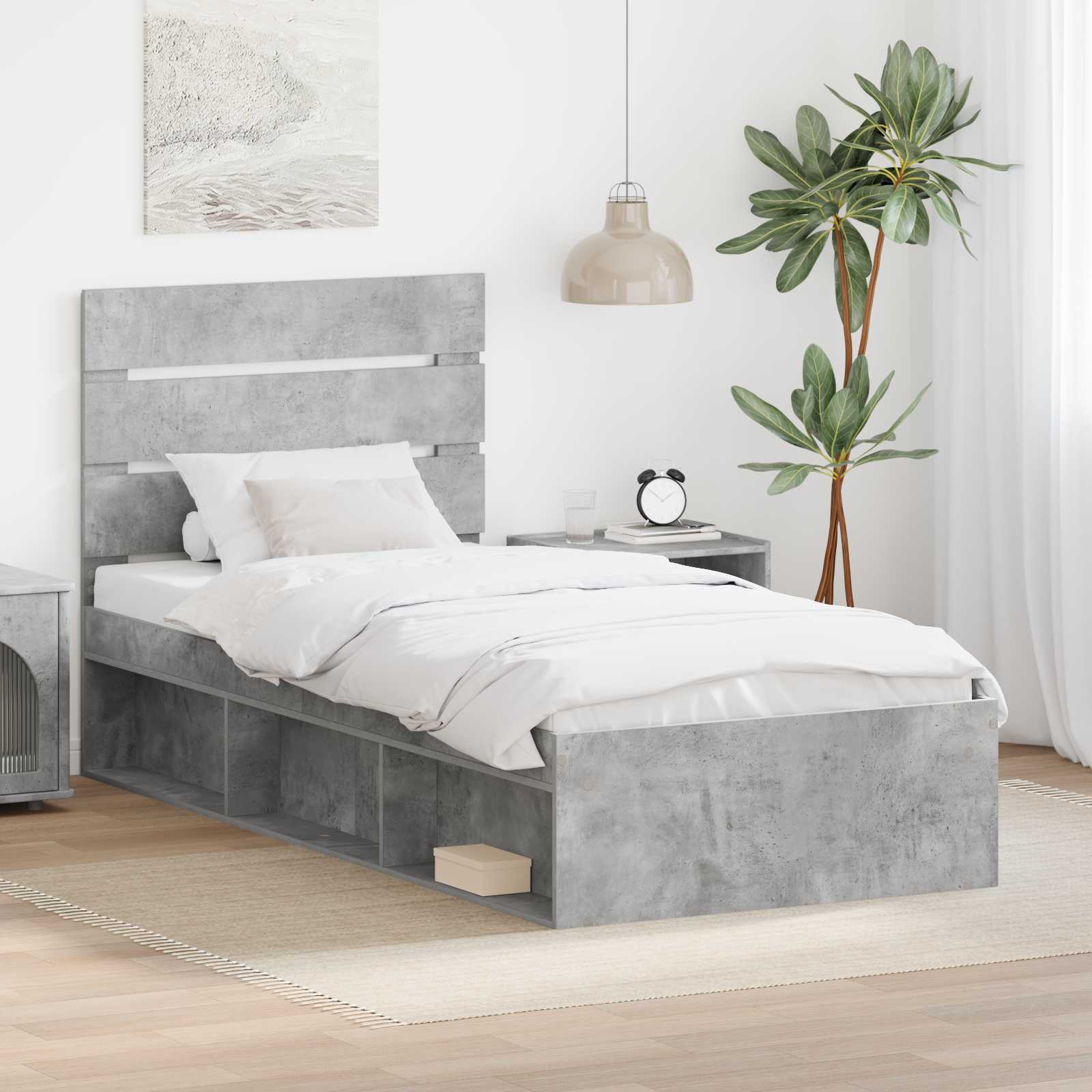 Bettrahmen Beton Grau 90 x 190 cm Massives Kiefernholz