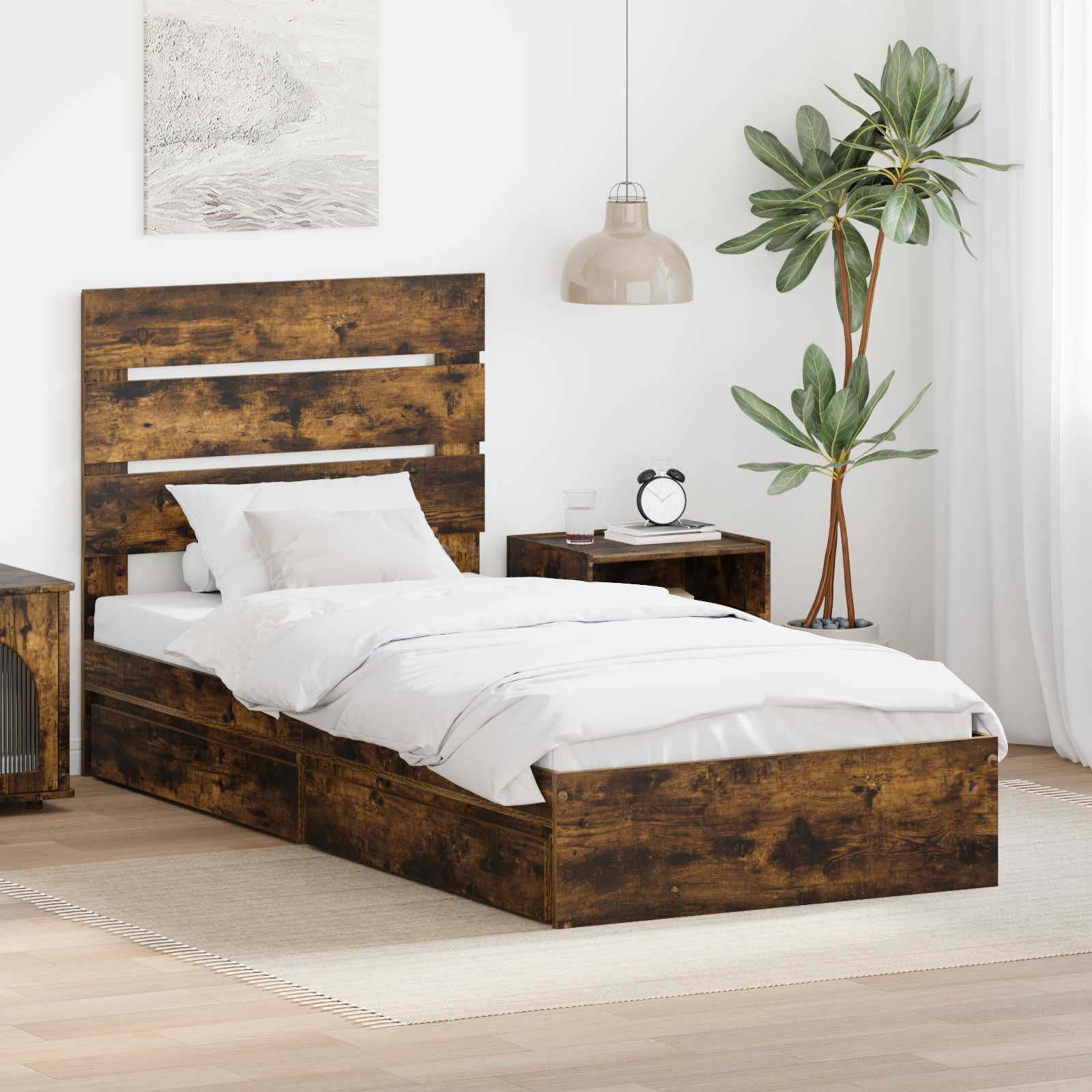 Aufbewahrungsbett Räuchereiche 90 x 190 cm Holzwerkstoff