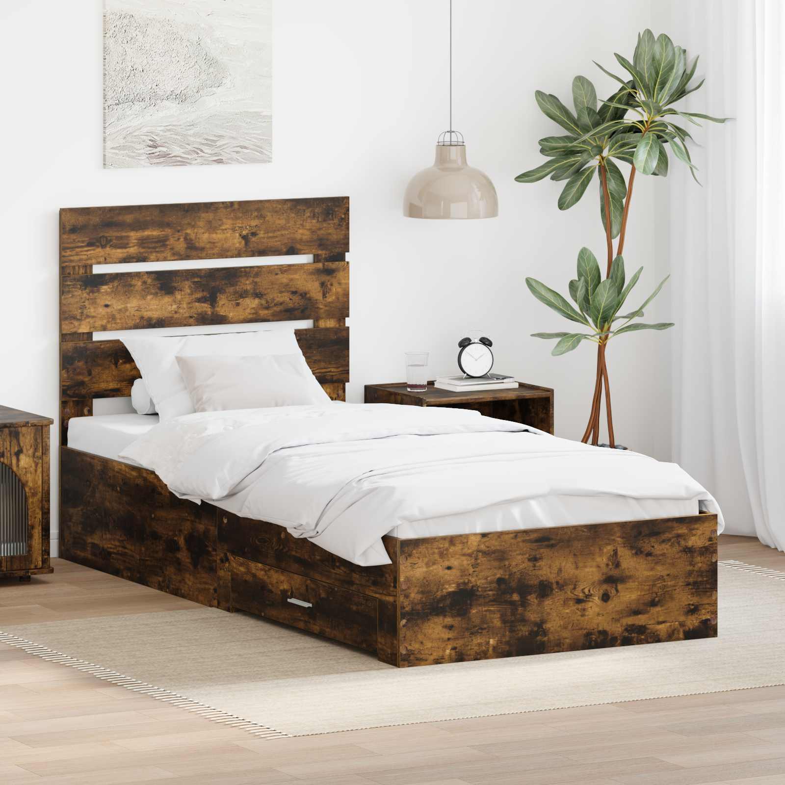 Bettrahmen mit Kopfteil Räuchereiche 90 x 190 cm Holzwerkstoff