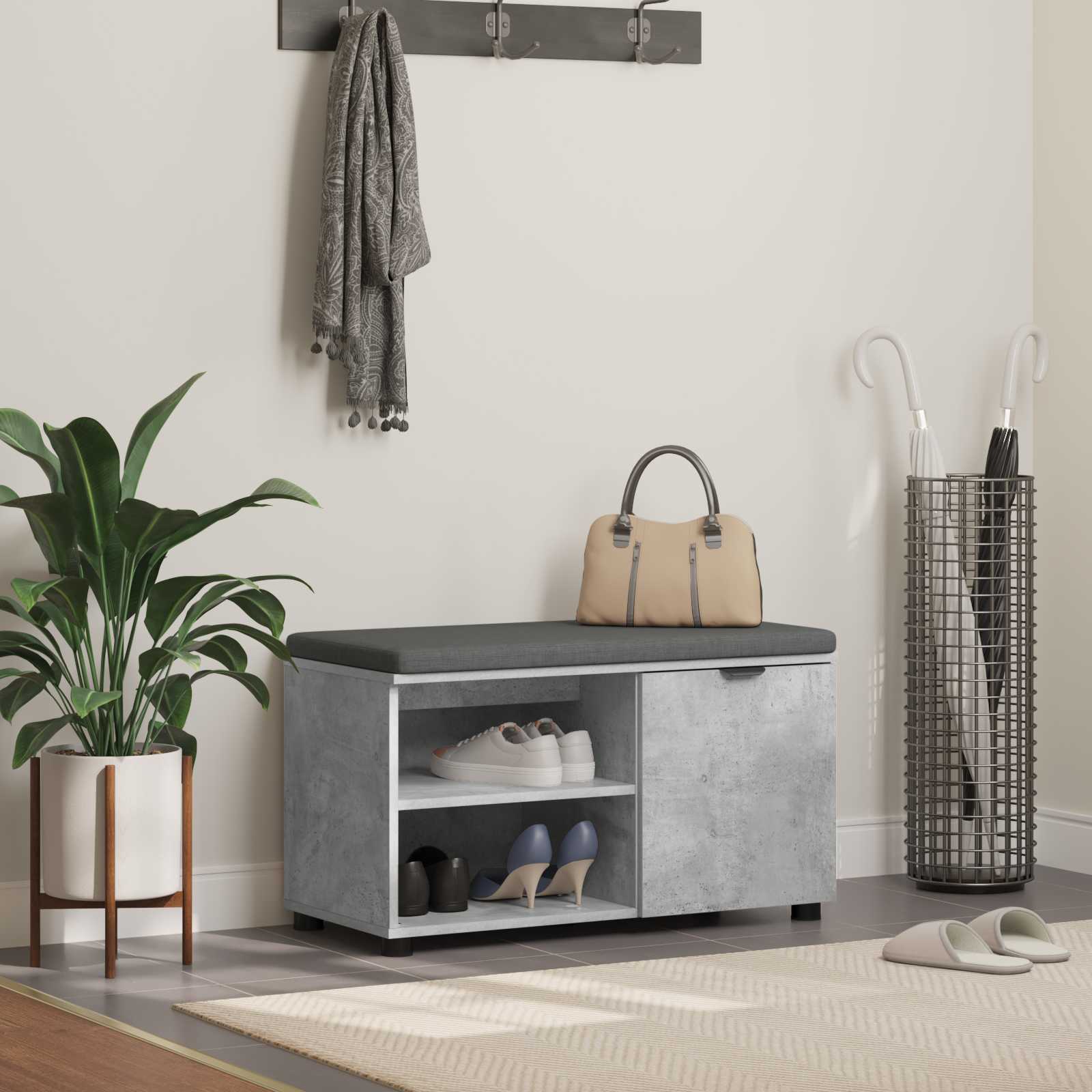 Flurbank mit Kissen mit Regal mit Tür Betongrau 80 x 38 x 46 cm