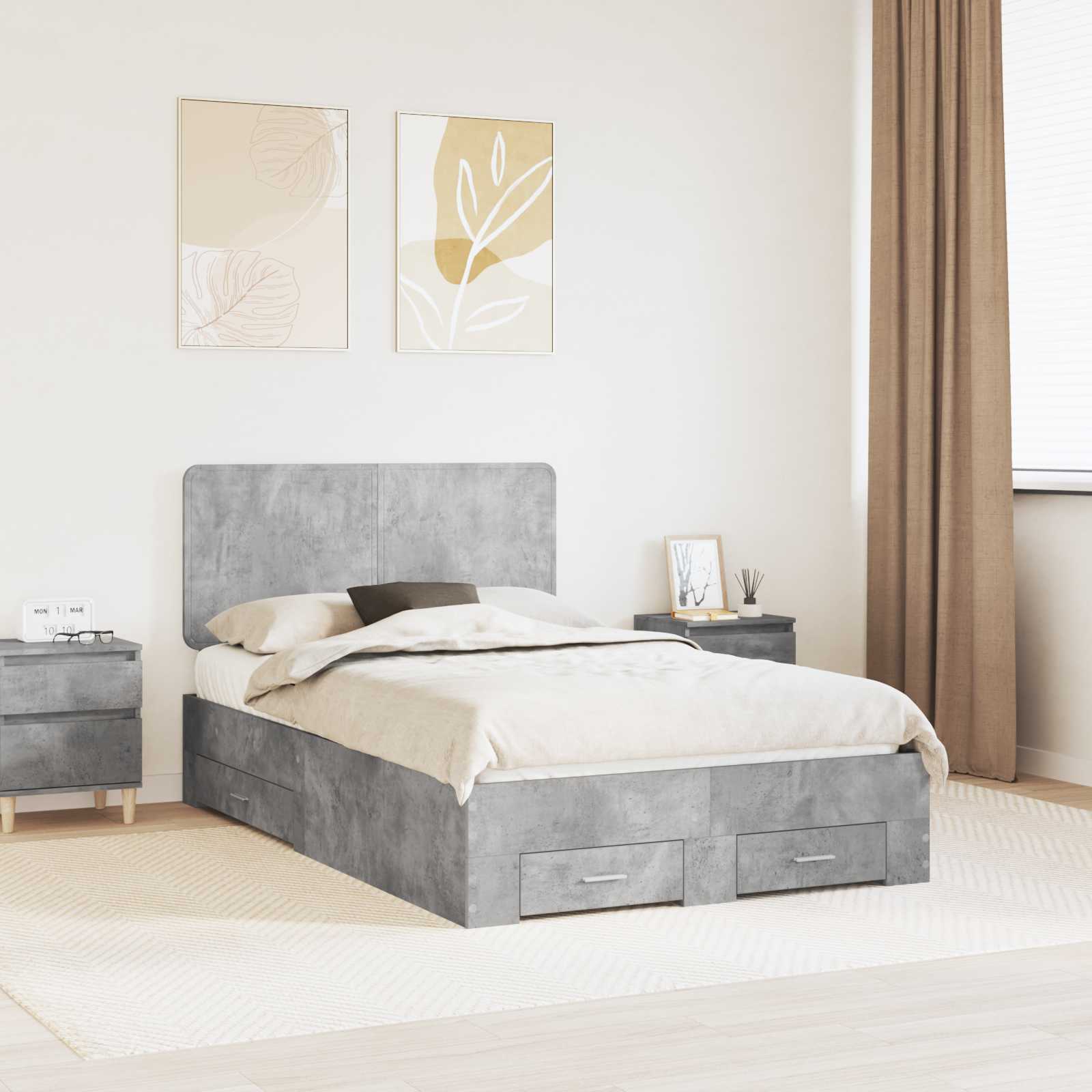 Bettrahmen mit Schubladen Beton Grau 135 x 190 cm Holzwerkstoff