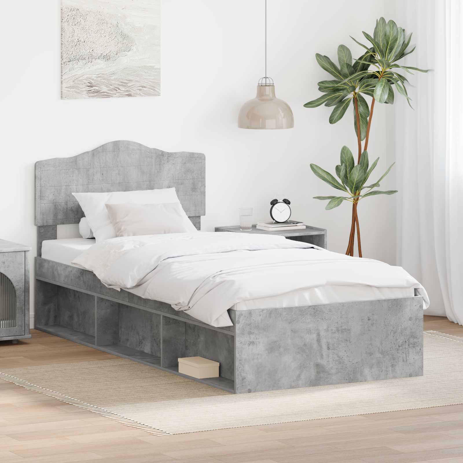 Bettrahmen mit Kopfteil Beton 90 x 200 cm Massives Kiefernholz