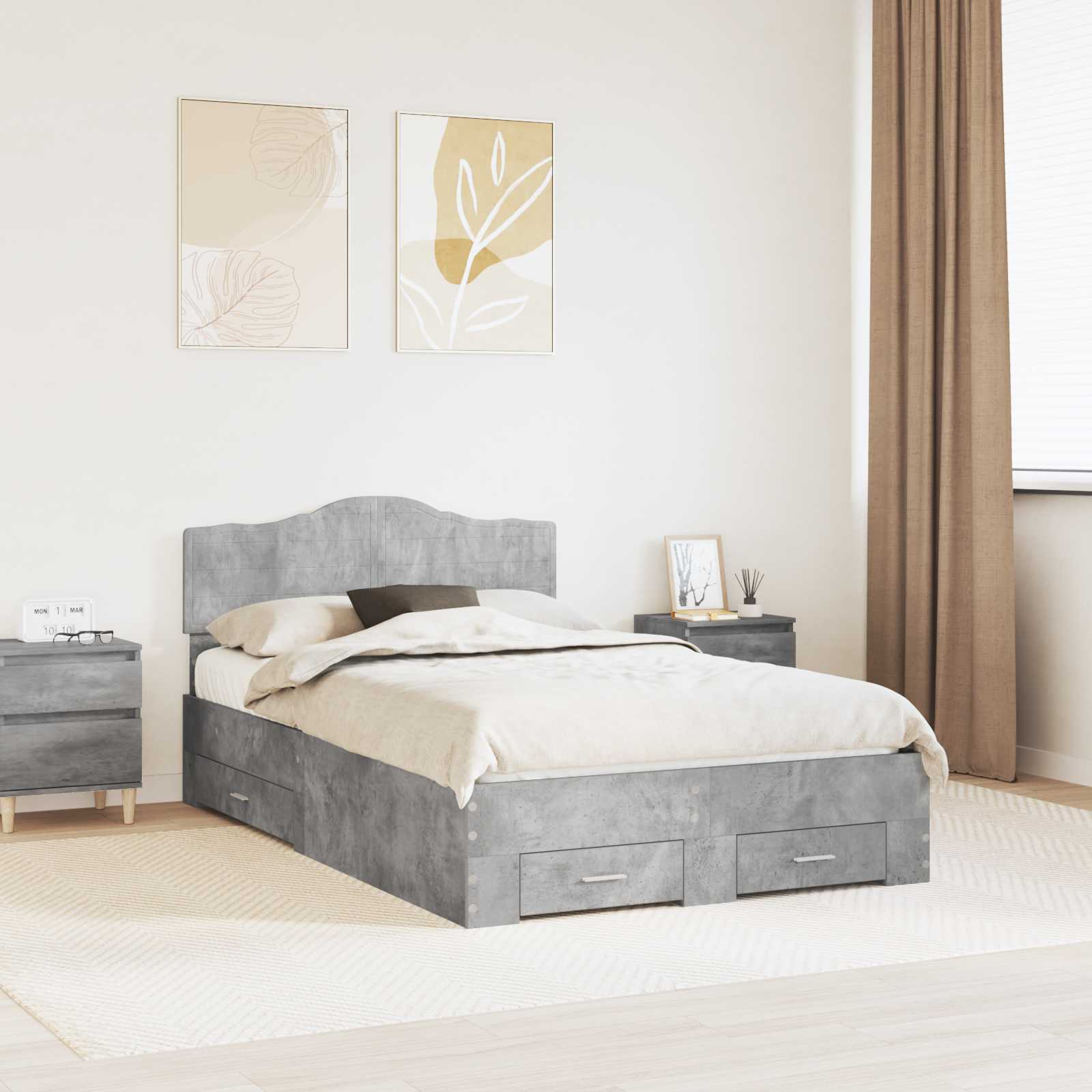 Bettrahmen mit Schubladen Beton Grau 135 x 190 cm Holzwerkstoff