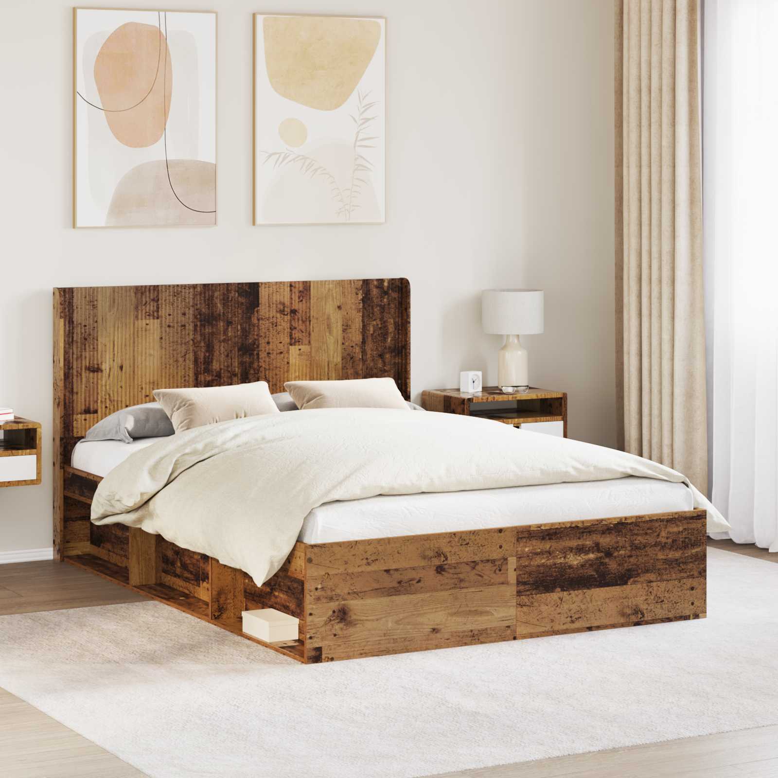 Bettgestell mit Stauraum und Kopfteil Altholz 135 x 190 cm