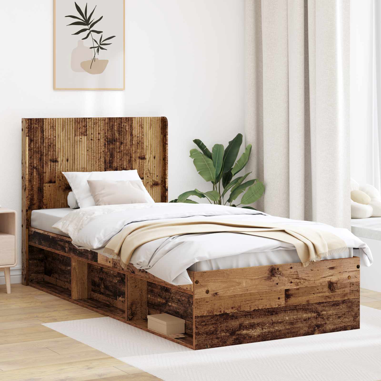 Bettgestell mit Stauraum und Kopfteil Altholz 100 x 200 cm