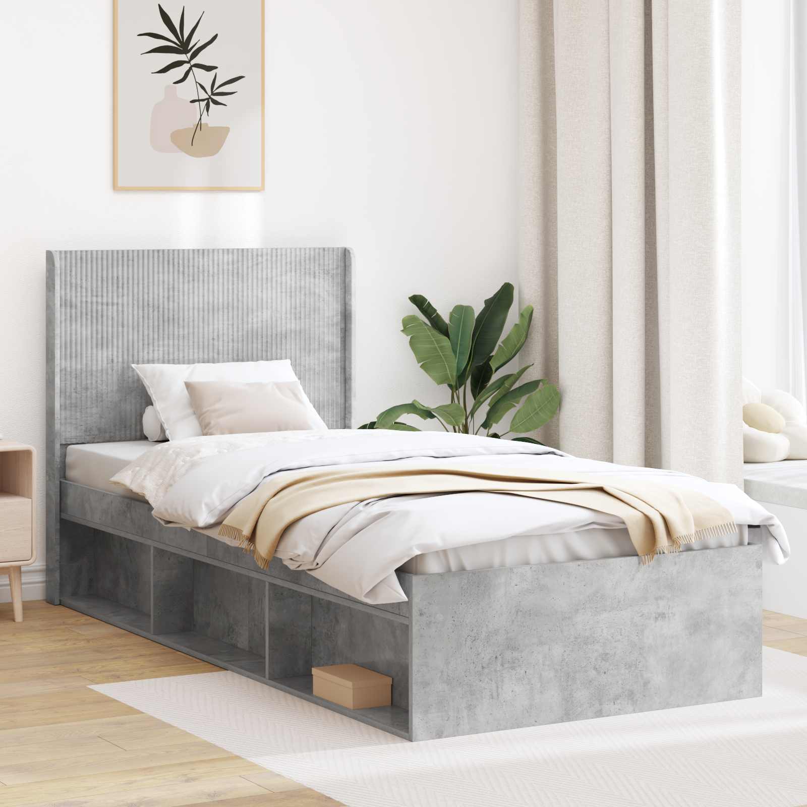 Bettgestell mit Stauraum und Kopfteil Betongrau 90 x 200 cm