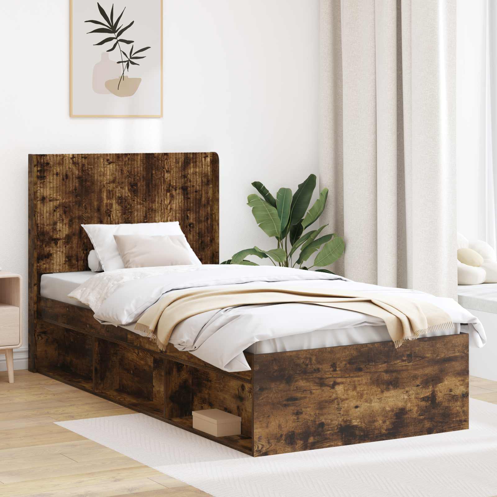 Bettgestell mit Stauraum und Kopfteil Räuchereiche 75 x 190 cm