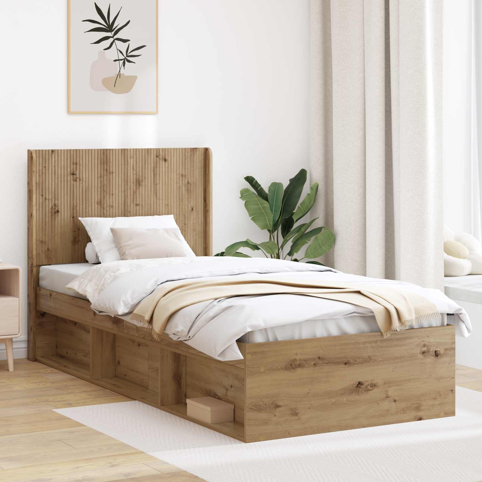 Bettgestell mit Stauraum und Kopfteil Artisan-Eiche 75 x 190 cm