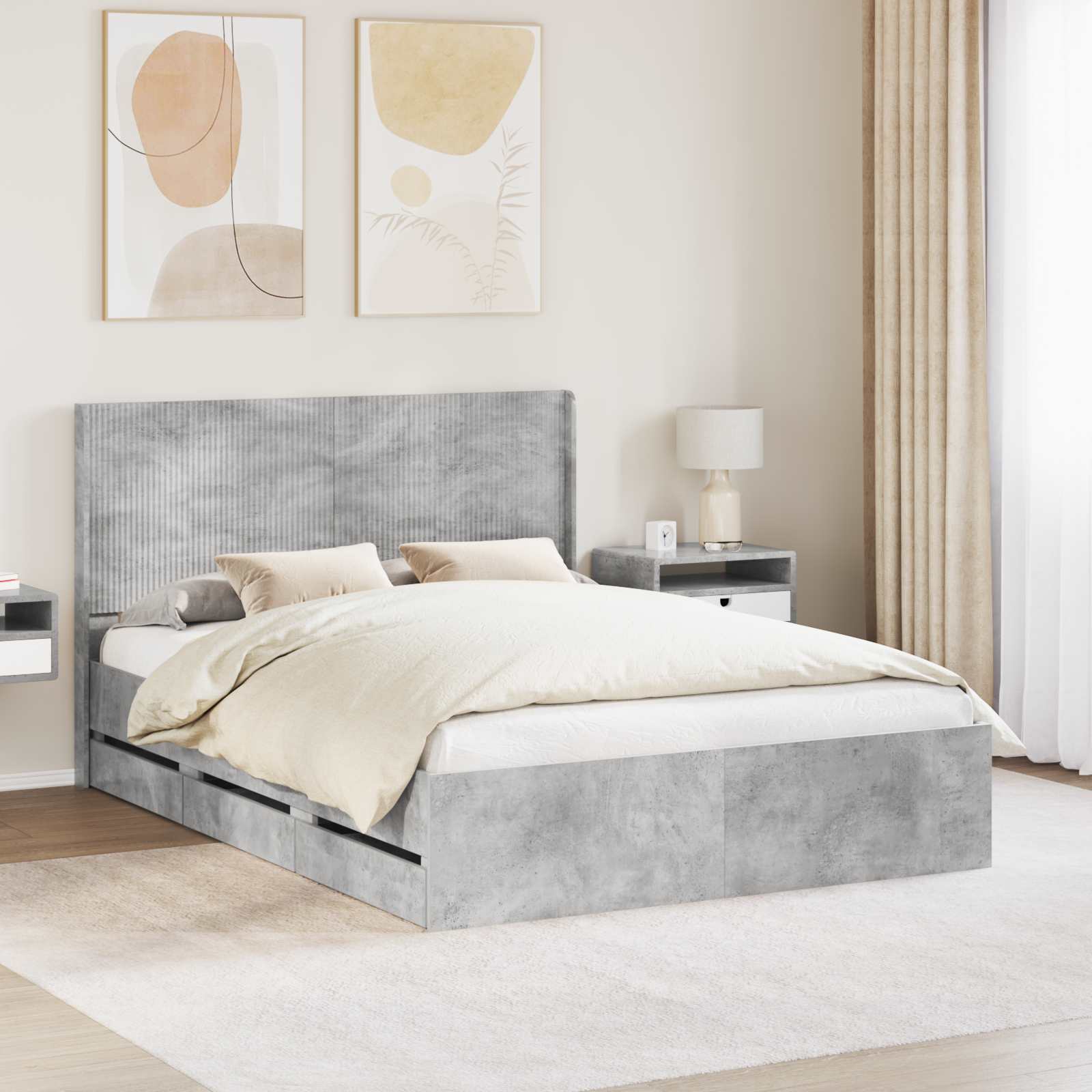 Bettgestell mit Stauraum und Kopfteil Betongrau 140 x 190 cm