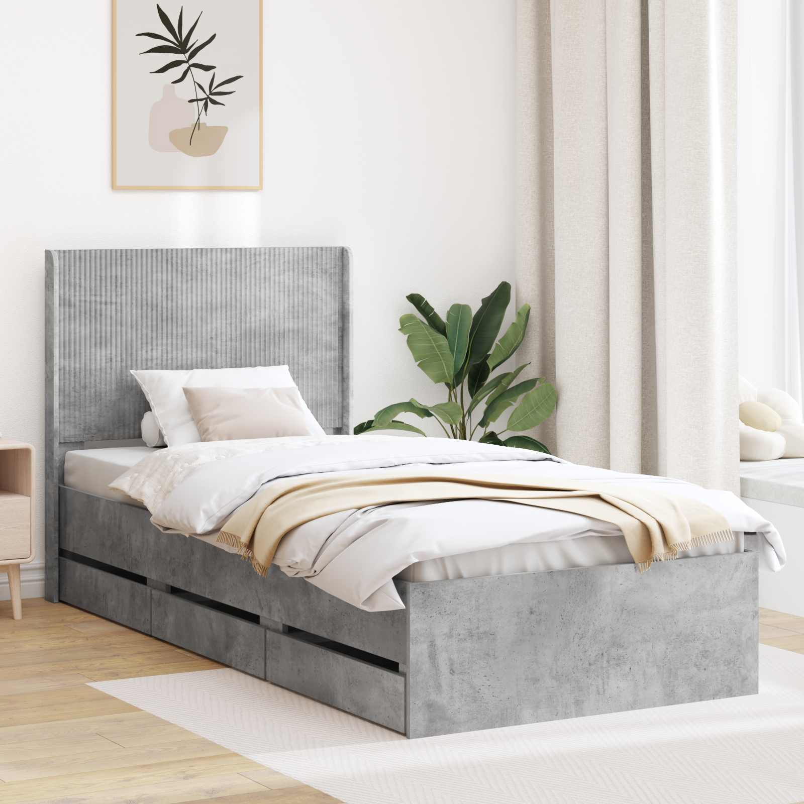Bettgestell mit Stauraum und Kopfteil Betongrau 75 x 190 cm