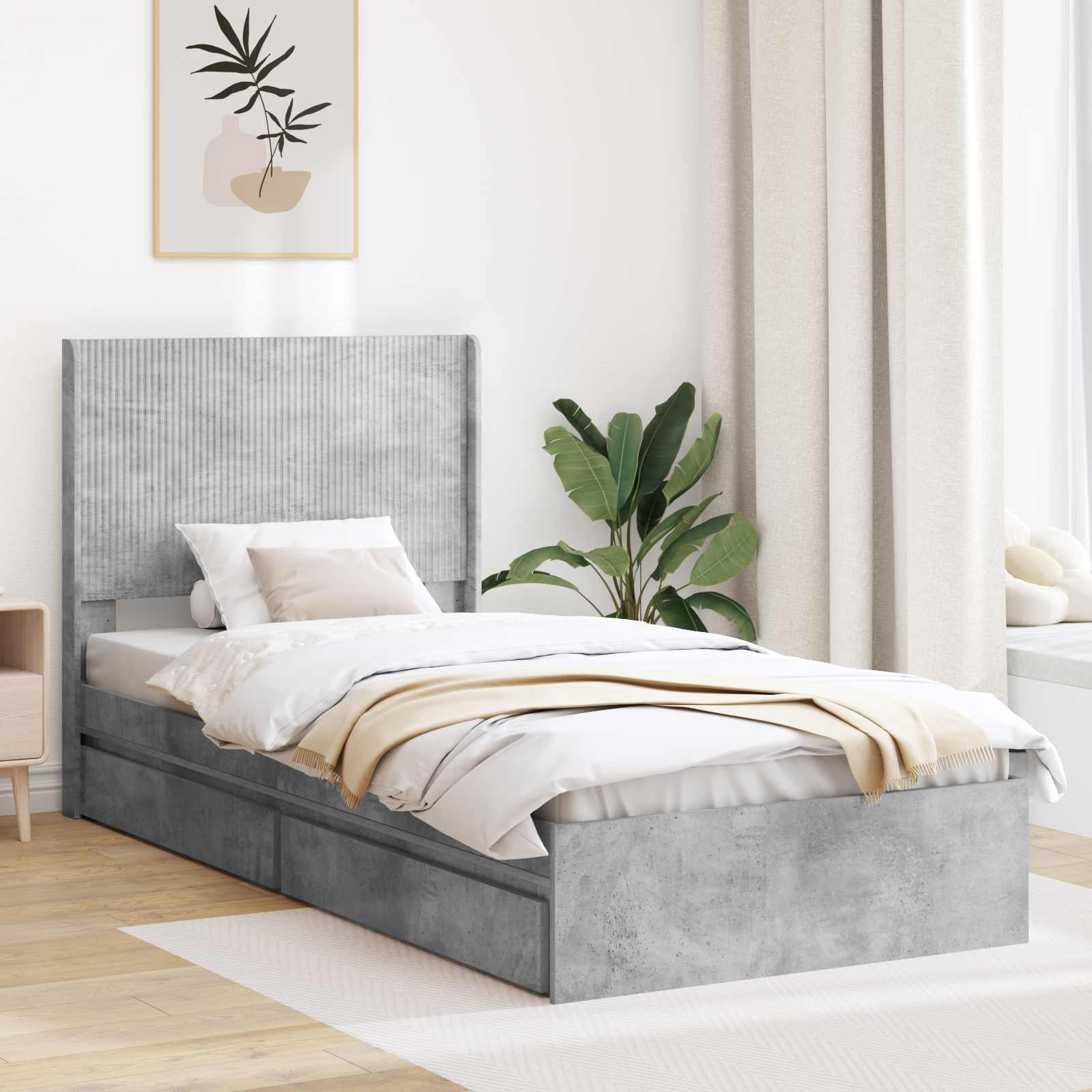 Bettgestell mit Stauraum und Kopfteil Betongrau 90 x 190 cm