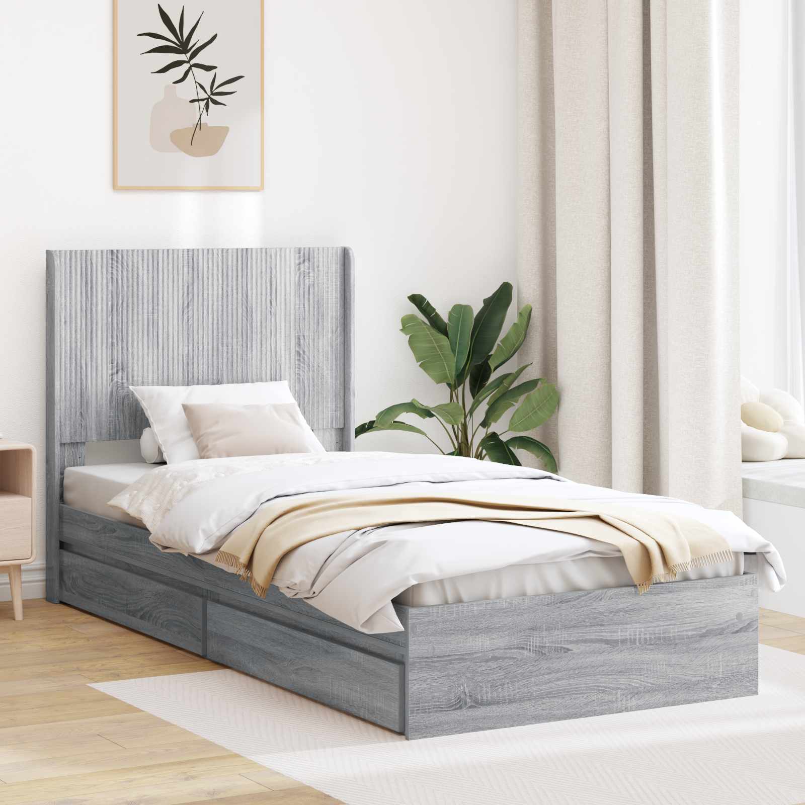 Bettgestell mit Stauraum und Kopfteil Grau Sonoma 75 x 190 cm