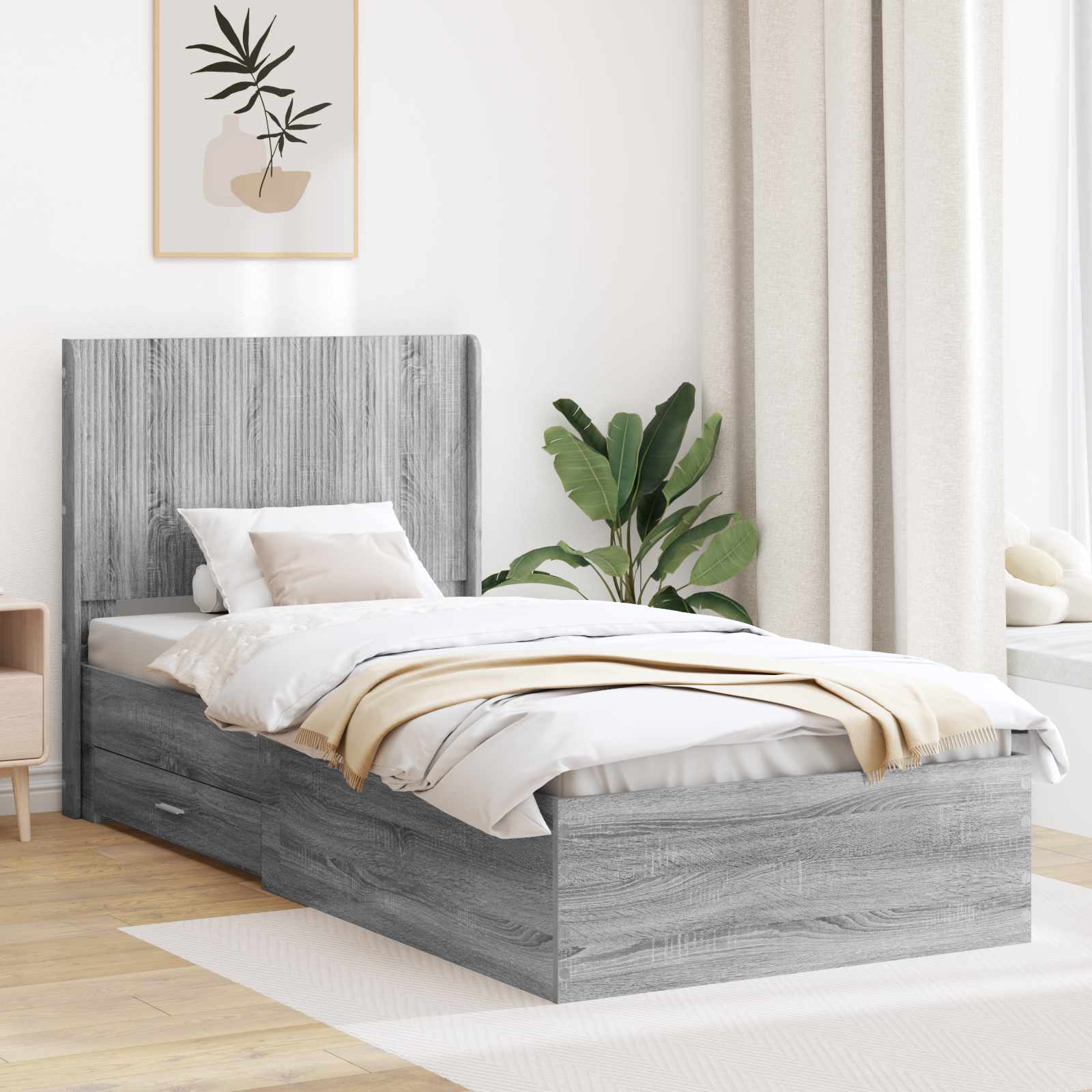 Bettgestell mit Stauraum und Kopfteil Grau Sonoma 100 x 200 cm