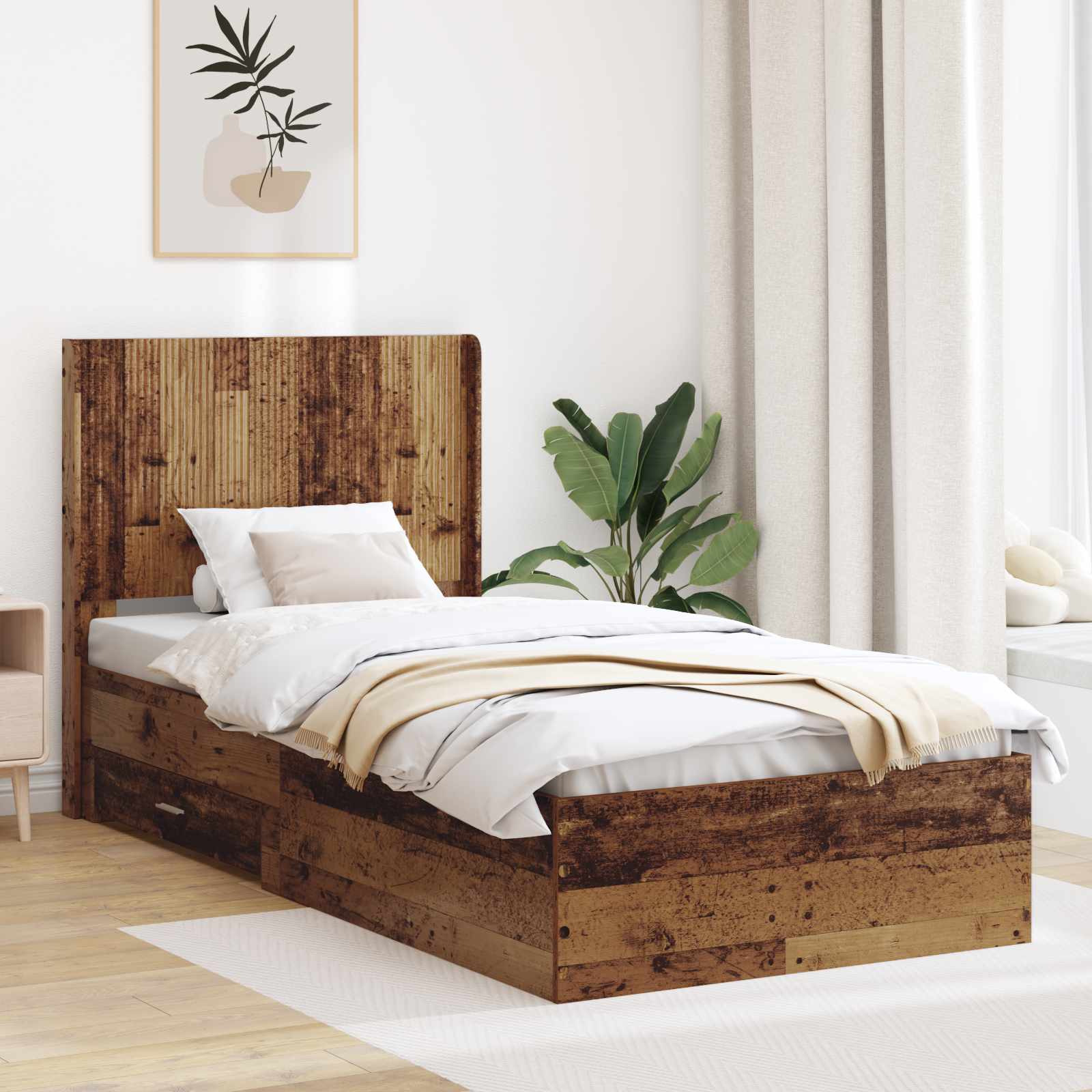 Bettgestell mit Stauraum und Kopfteil Altholz 90 x 190 cm