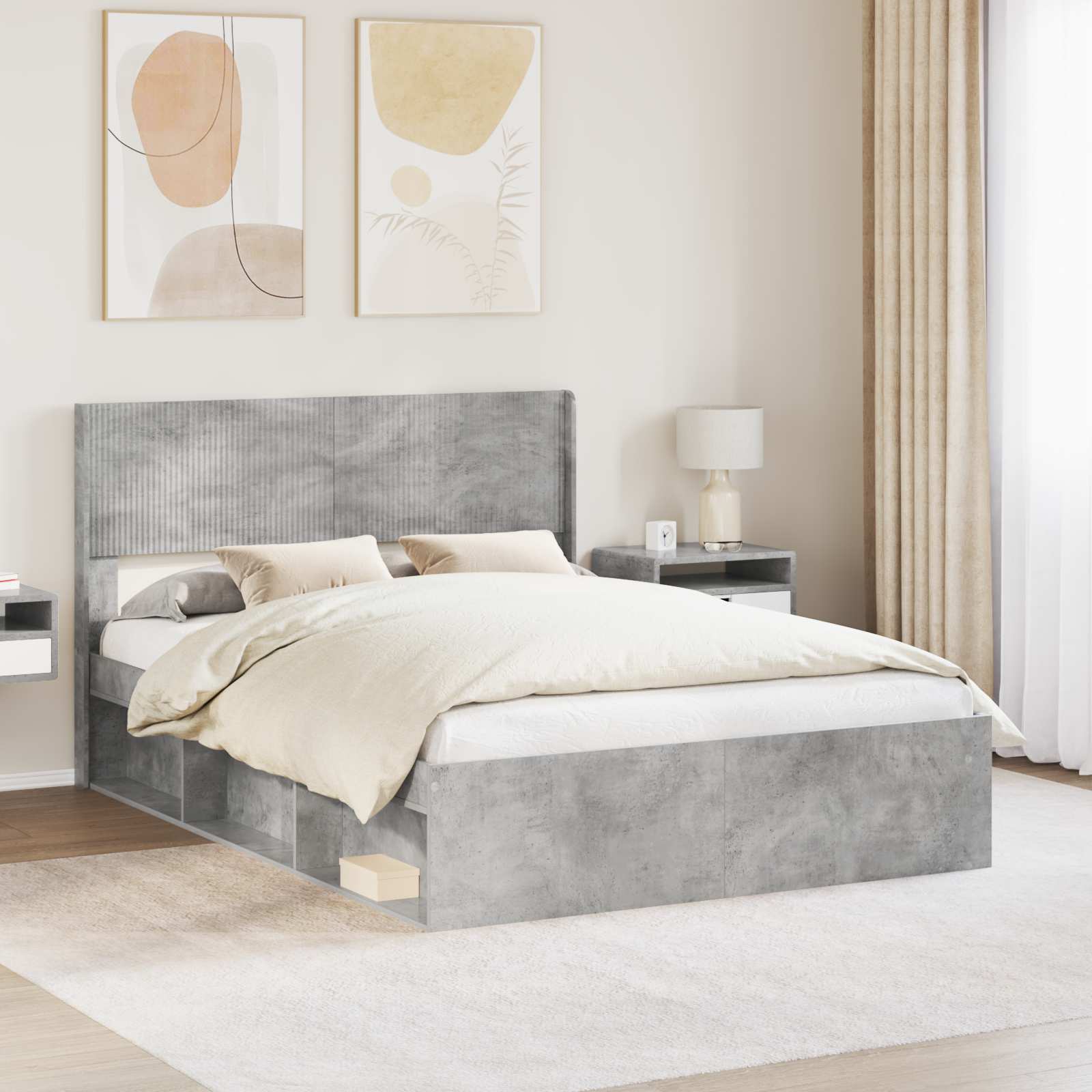 Bettgestell mit Stauraum und Kopfteil Betongrau 160 x 200 cm