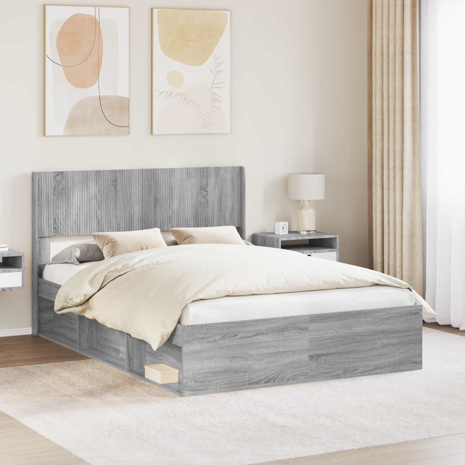 Bettgestell mit Stauraum und Kopfteil Grau Sonoma 150 x 200 cm