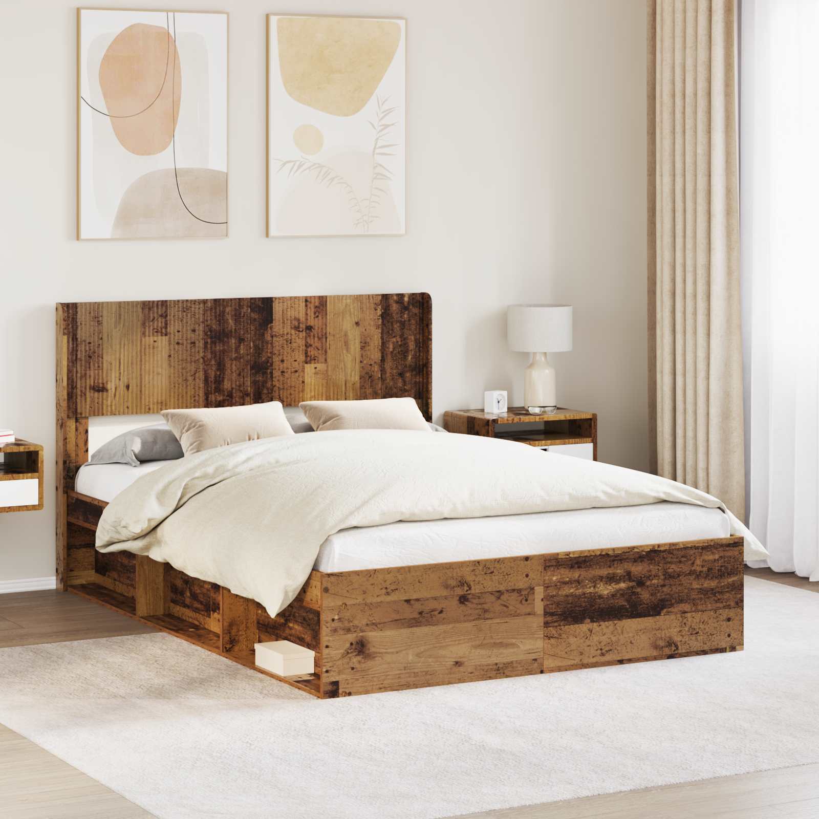 Bettgestell mit Stauraum und Kopfteil Altholz 135 x 190 cm
