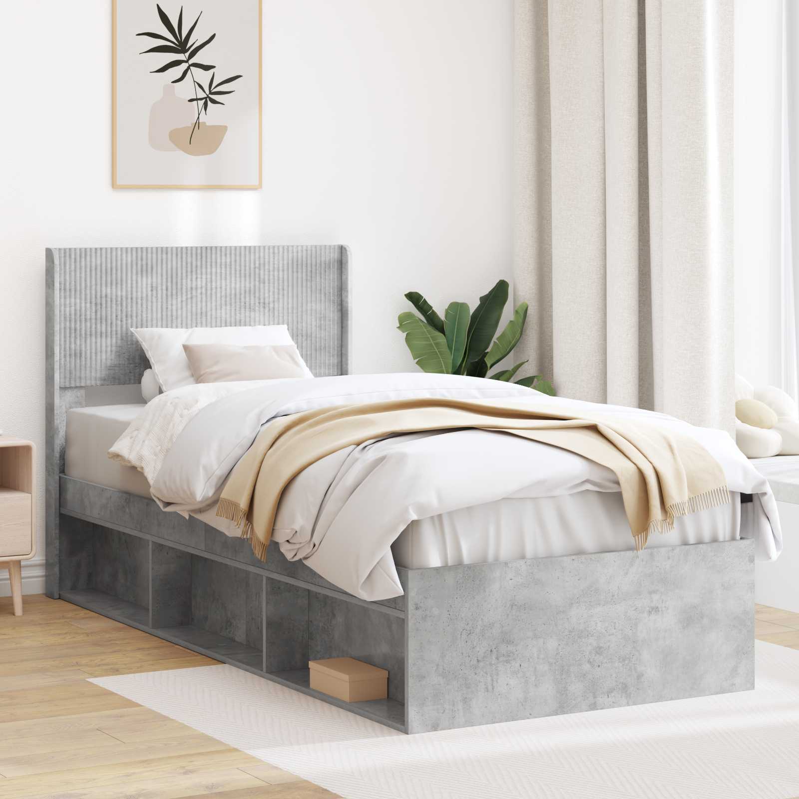 Bettgestell mit Stauraum und Kopfteil Betongrau 100 x 200 cm