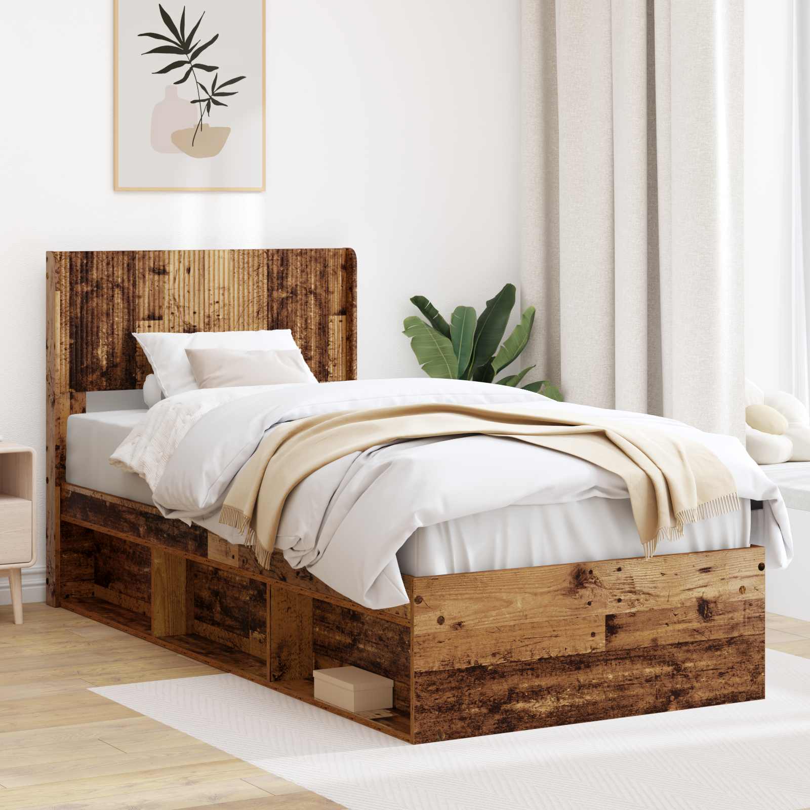 Bettgestell mit Stauraum und Kopfteil Altholz 100 x 200 cm