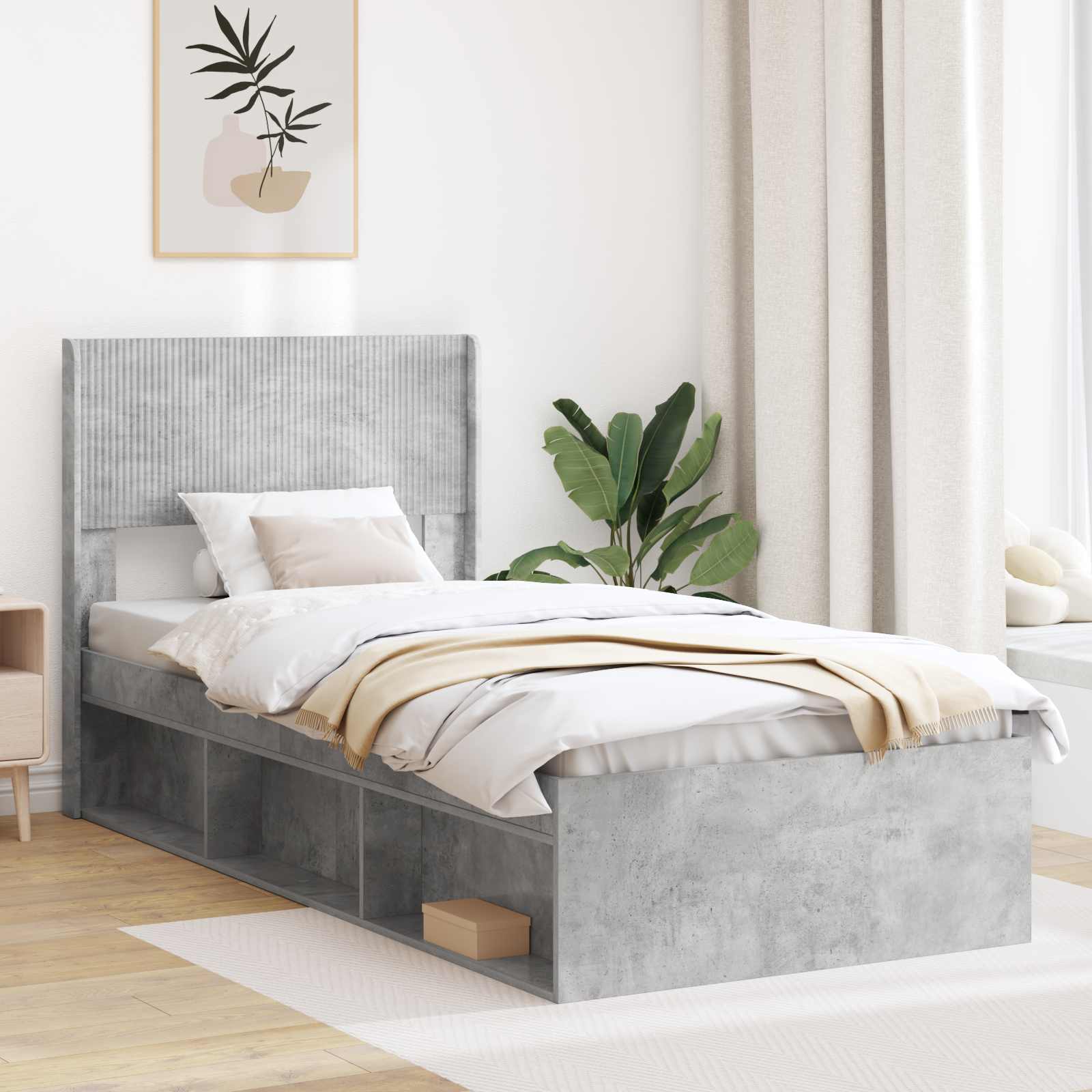 Bettgestell mit Stauraum und Kopfteil Betongrau 75 x 190 cm