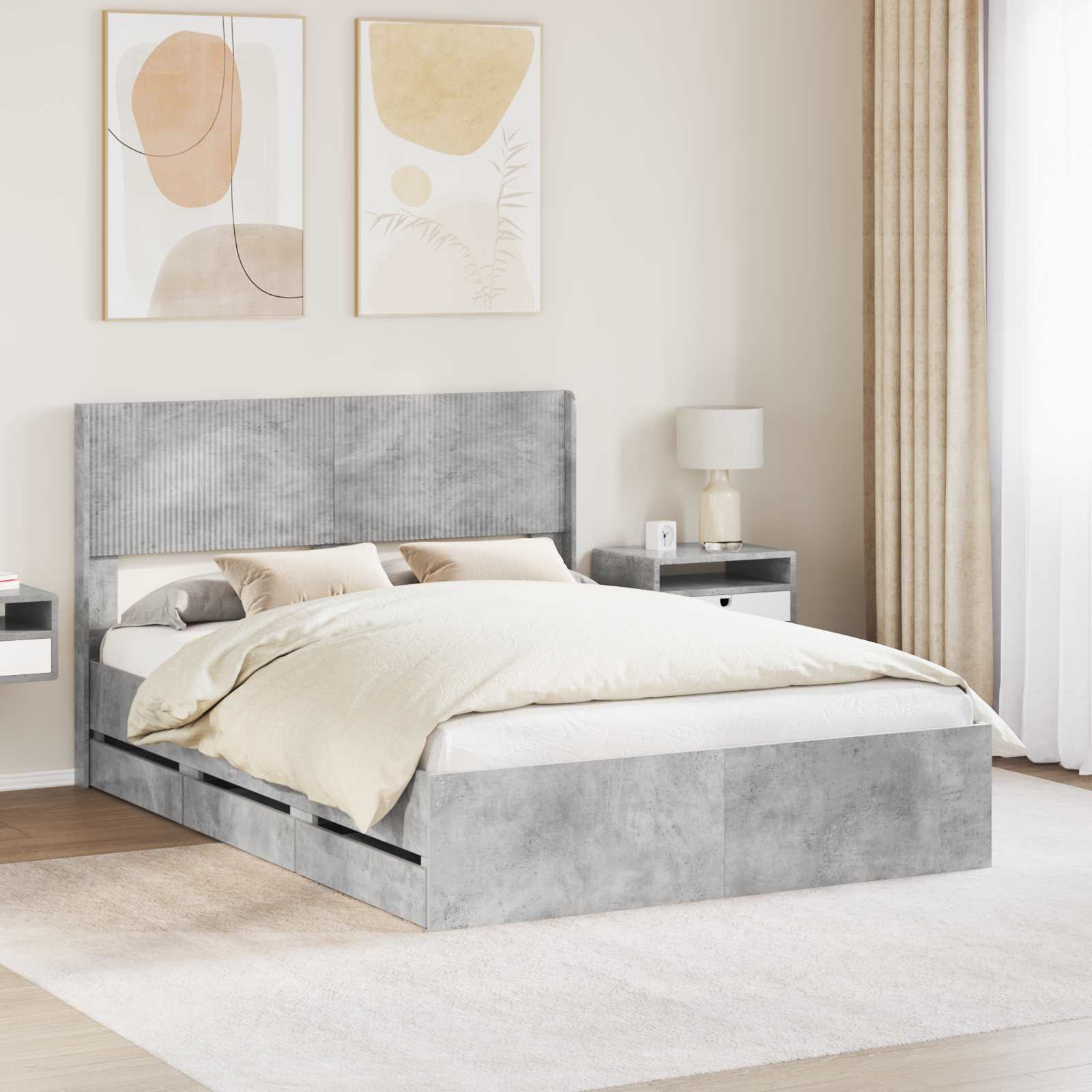 Bettgestell mit Stauraum und Kopfteil Betongrau 140 x 200 cm