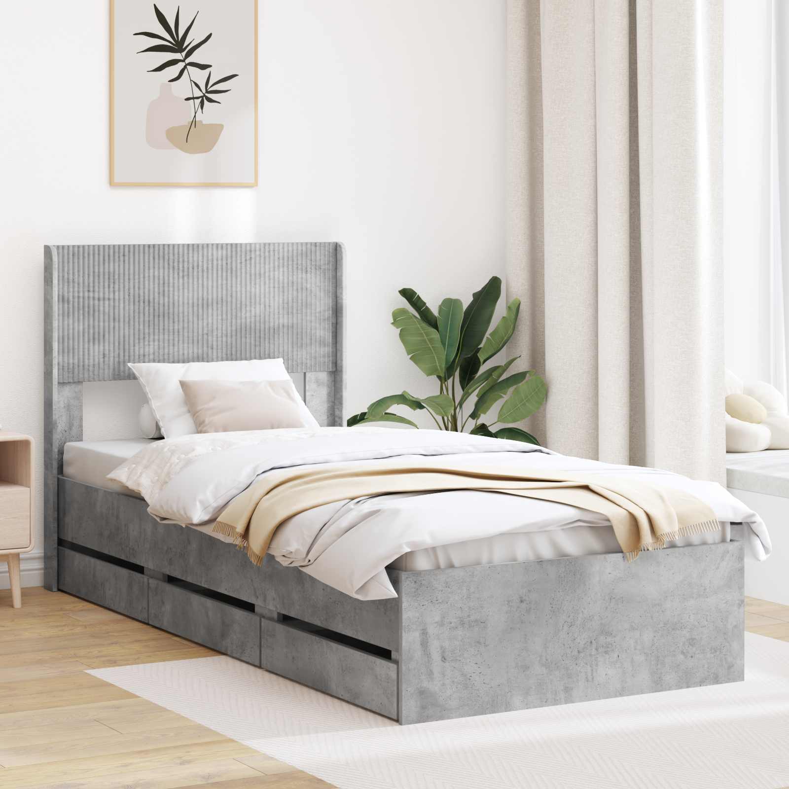 Bettgestell mit Stauraum und Kopfteil Betongrau 75 x 190 cm