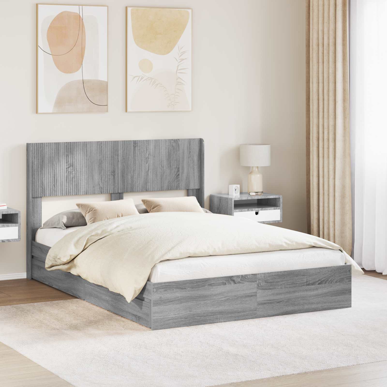 Bettgestell mit Stauraum und Kopfteil Sonoma-Grau 140 x 200 cm