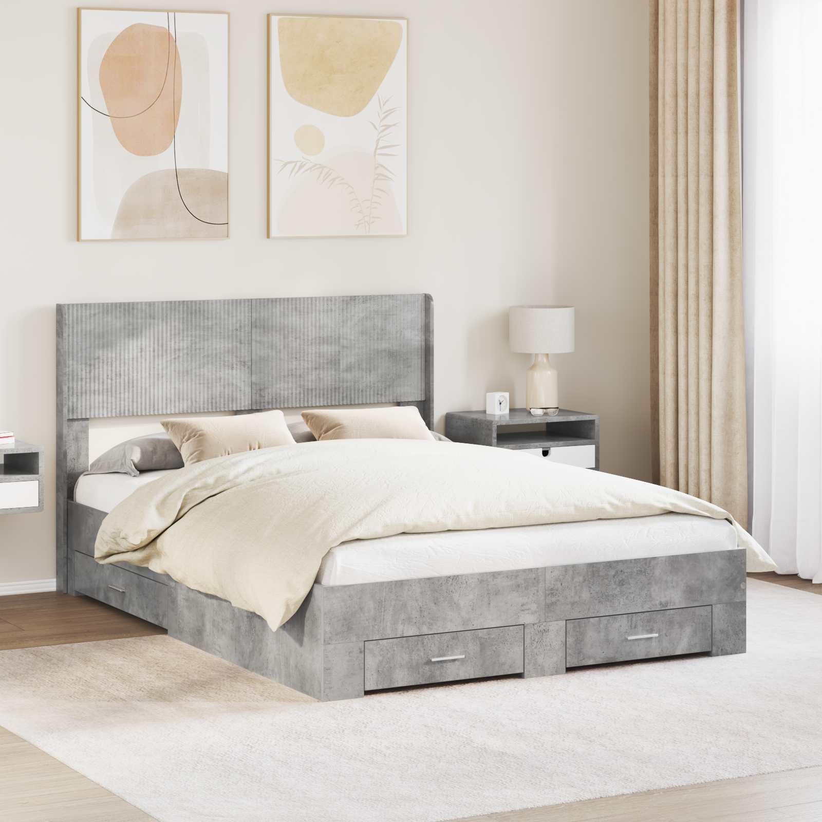 Bettgestell mit Stauraum und Kopfteil Betongrau 120 x 200 cm