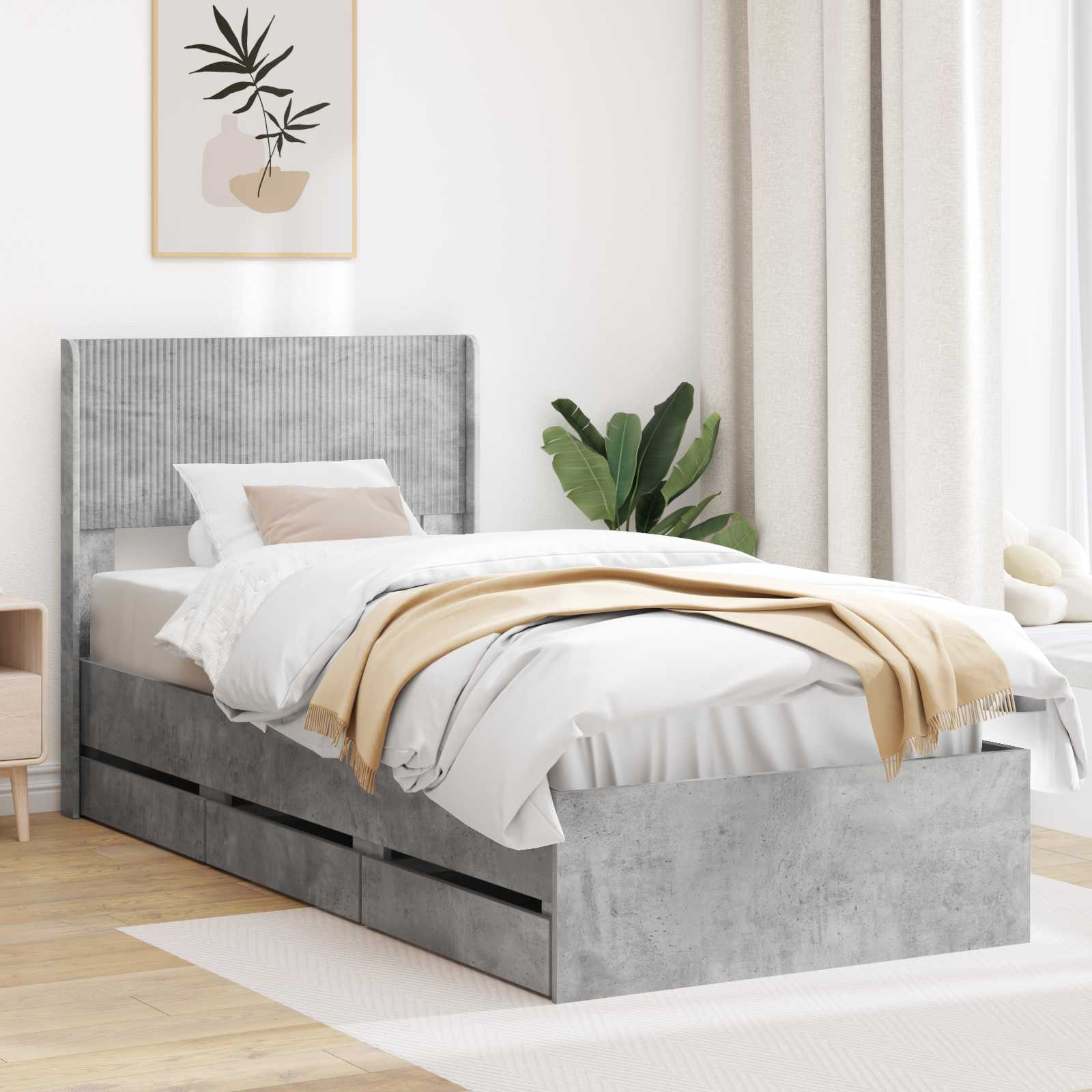 Bettgestell mit Stauraum und Kopfteil Betongrau 90 x 200 cm