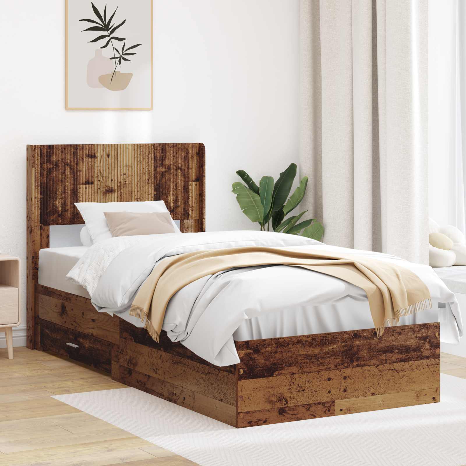 Bettgestell mit Stauraum und Kopfteil Altholz 90 x 190 cm