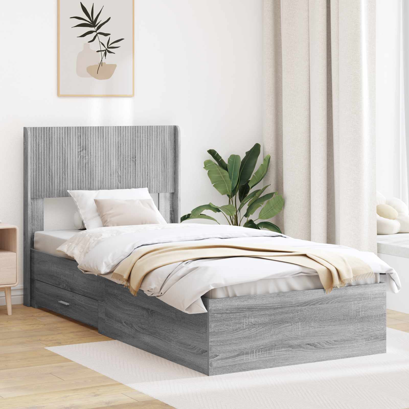 Bettgestell mit Stauraum und Kopfteil Sonoma-Grau 75 x 190 cm