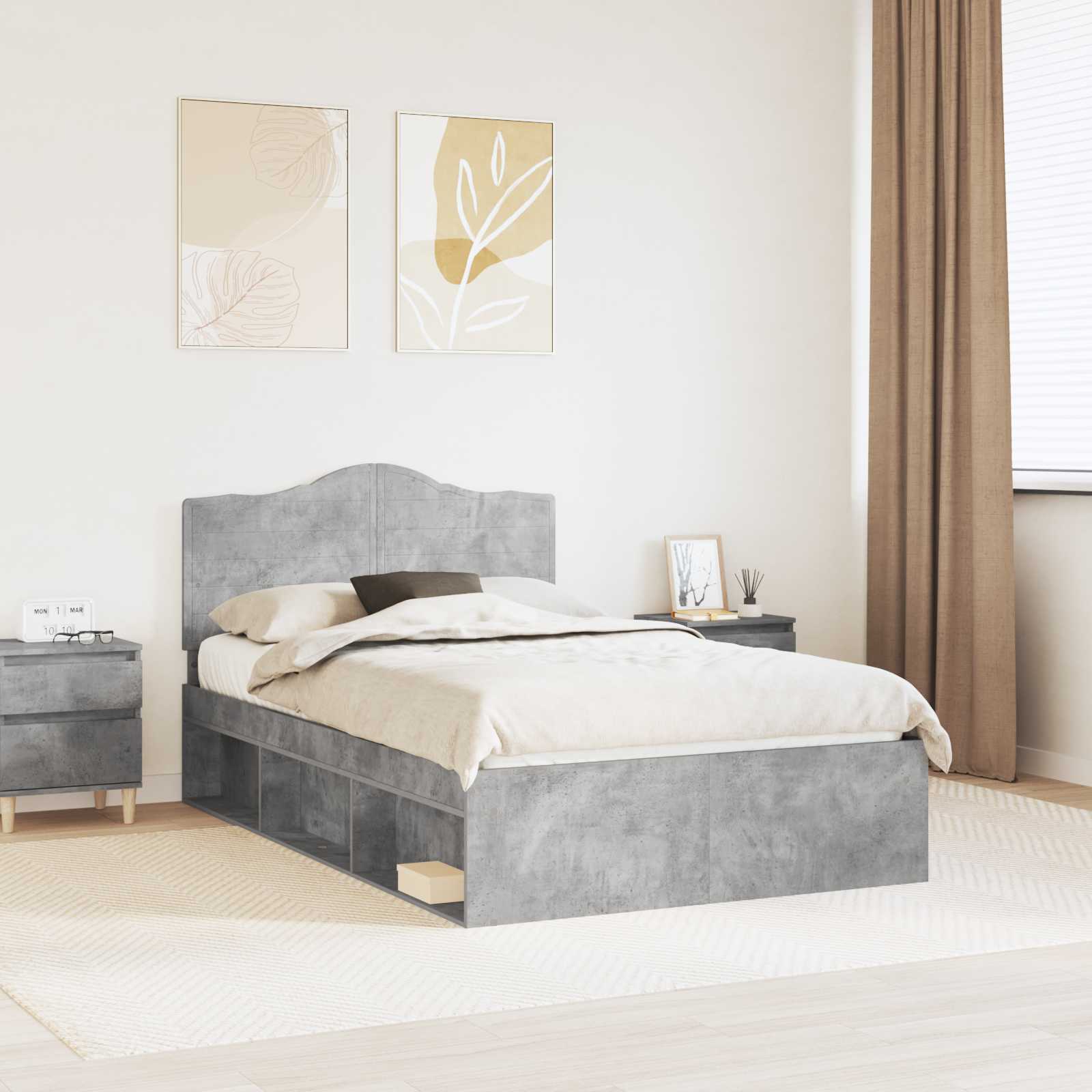 Bettrahmen Beton Grau 135 x 190 cm Massives Kiefernholz