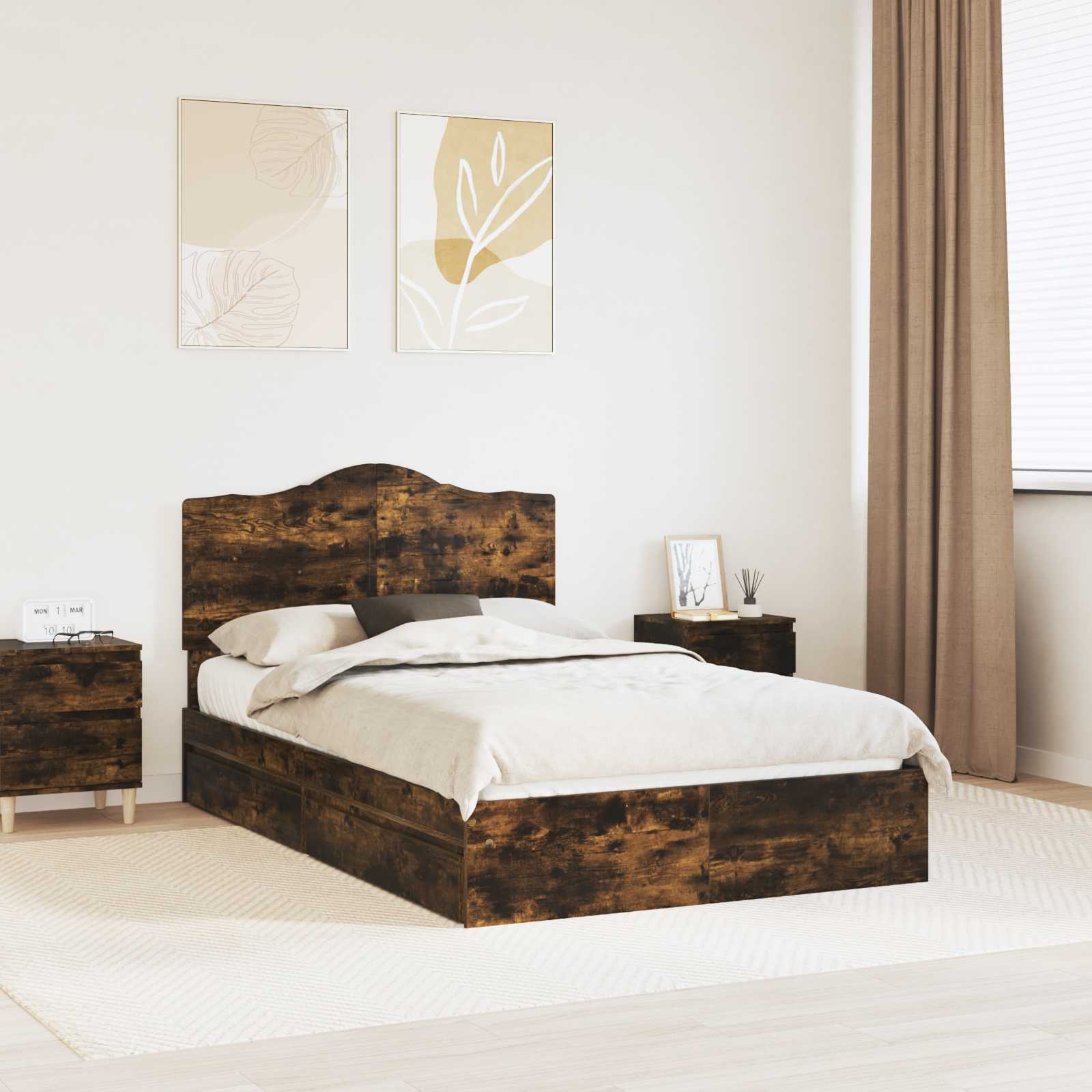 Aufbewahrungsbett Räuchereiche 135 x 190 cm Holzwerkstoff